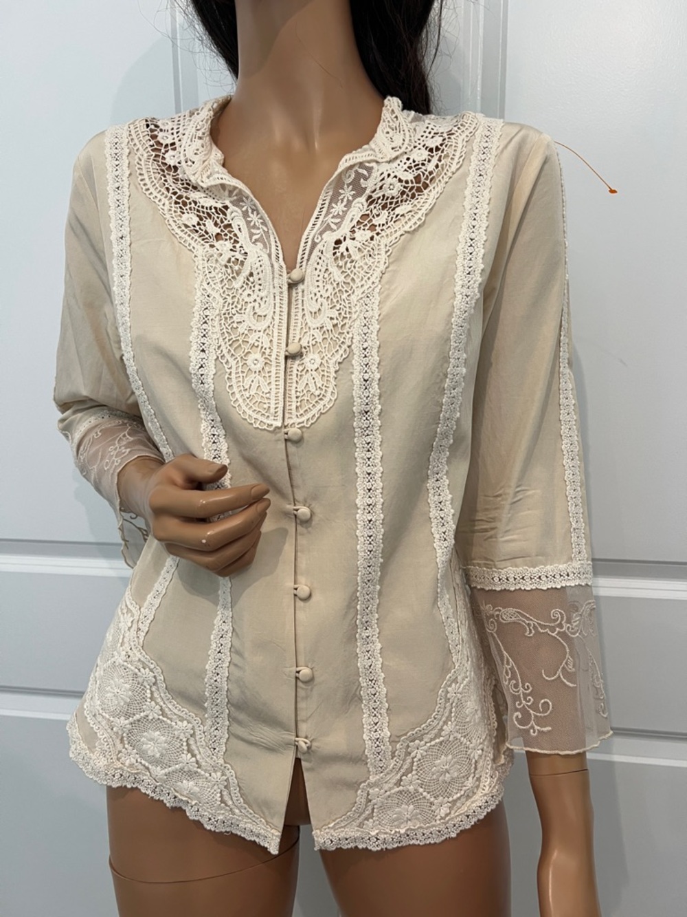 Coldwater Creek Cream Lace-Trim Button Front Blouse